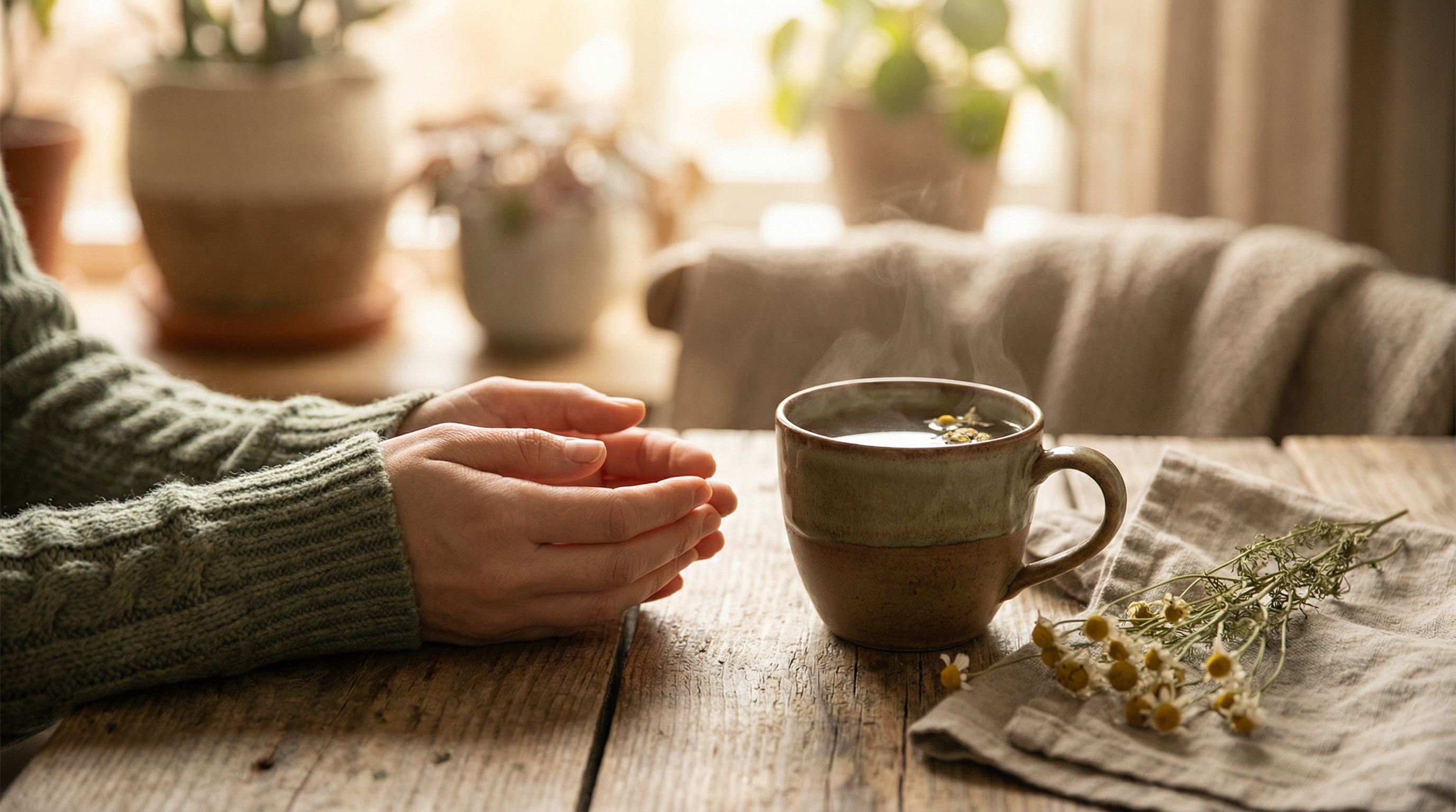 Two hands resting near a warm cup of tea