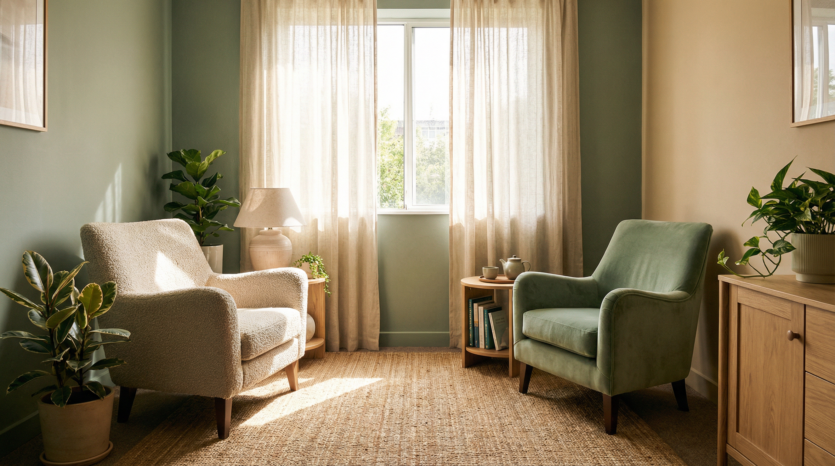 A serene therapy room with soft sunlight